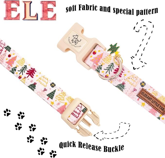 Elegant little tail Christmas Dog Collar - Christmas Tree Pink Pet Collar Cotton Soft Plastic Buckle Durable Puppy Collars Female or Male Adjustable Collar for Medium Dogs