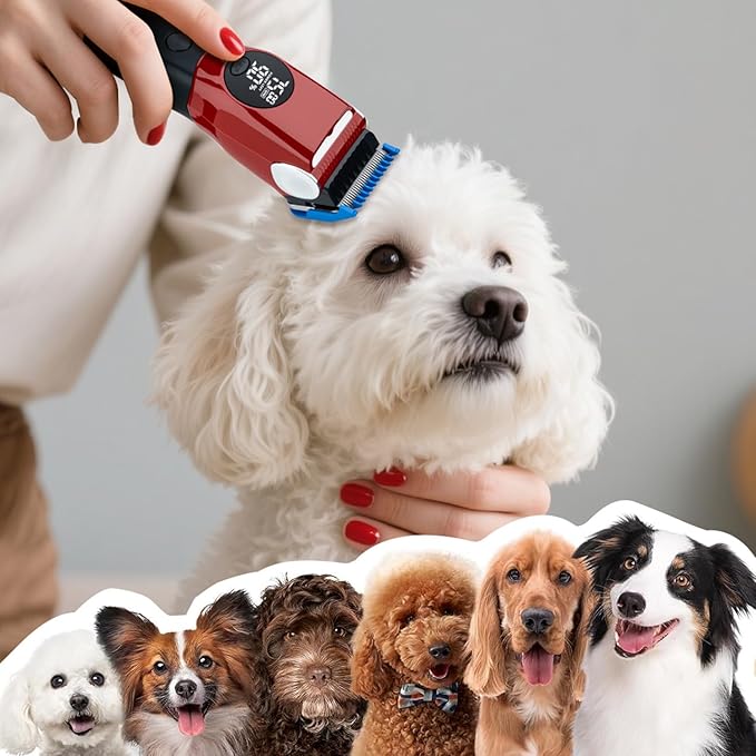 Mcbazel Dog Clippers Grooming Kit, Low Noise Rechargeable Cordless Adjustable Pet Hair Shaver Trimmers Set for Dogs, Cats and Other Pets - Red