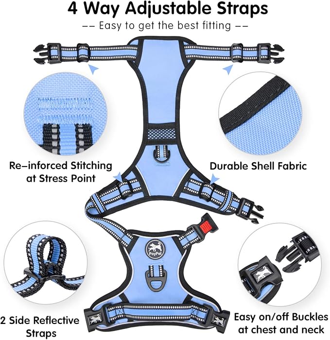 PoyPet No Pull Dog Harness, [Release on Neck] Reflective Adjustable No Choke Pet Vest with Front & Back 2 Leash Attachments, Soft Control Training Handle for Small Medium Large Dogs(Light Blue,XL)