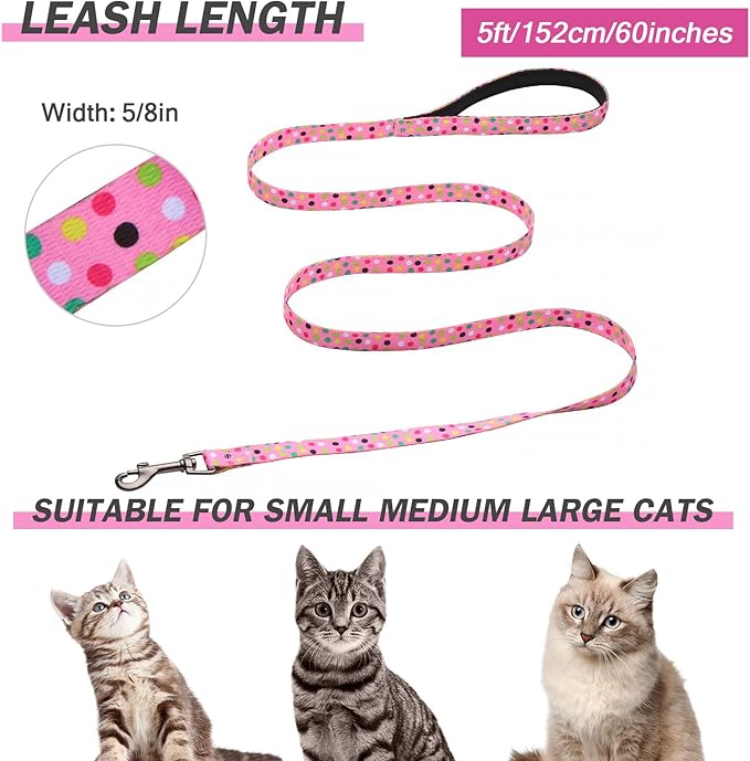 Hikiko Cat Harness and Leash Set Escape Proof Adjustable Walking Travel Cute Girl Kitten Harness for Small Medium Large Cats (Pink Polka Dots, M)