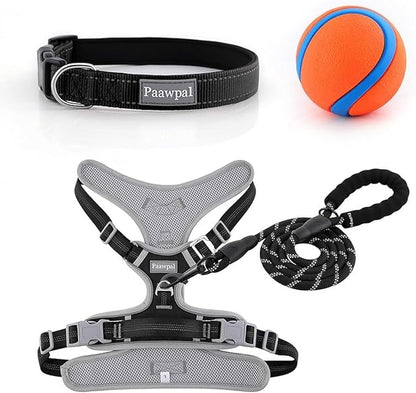 Paawpal Adjustable Dog Harness - No Pull, Reflective, Soft Padded for Small, Medium, Large Dogs - Includes Leash and Collar Black L