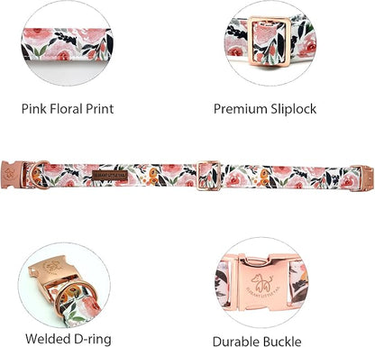 Elegant little tail Dog Collar, Pink Floral Pattern Pet Collar Summer Durable Cute Dog Collars Male or Female Pet Gift Adjustable Dog Collar for Medium Dogs