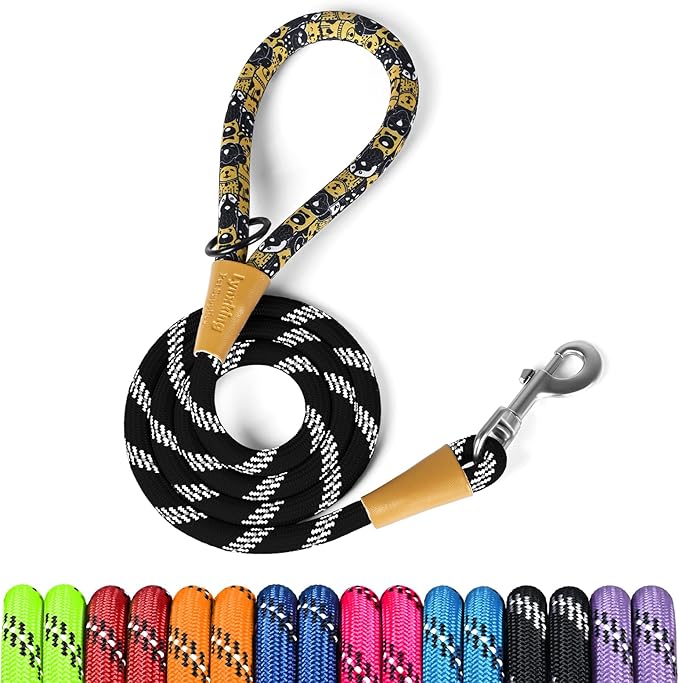 lynxking Rope Dog Leash 6 FT with Comfortable Padded Handle, Highly Reflective Threads Leash for Small Medium Large Dogs (Black, Large 1/2in x 6ft-Rope Clasp)
