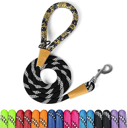 lynxking Rope Dog Leash 6 FT with Comfortable Padded Handle, Highly Reflective Threads Leash for Small Medium Large Dogs (Black, Large 1/2in x 6ft-Rope Clasp)