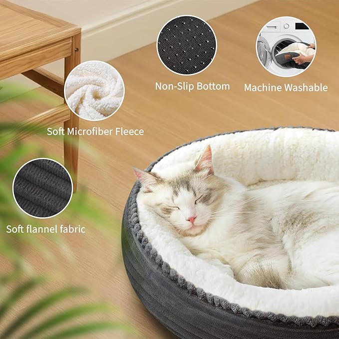 Zerbuger 23in Round Cat Dog Bed for Large Medium Small Dogs Cats, Machine Washable Sleeping Sofa, Non-Slip Bottom Breathable Soft Calming Pet Cuddler for Indoor/Outdoor/Car/Cage, Dark Grey