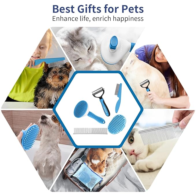 WOPQAEM Dog Brush Grooming Kit 5 PCS - Self Cleaning Slicker Brush for Shedding Short Long Haired Dogs & Cats, Includes Pet Comb, Flea Comb, Bath Brush, Undercoat Rake - Complete Fur Care Set - Blue