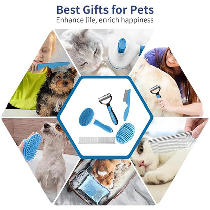 WOPQAEM Dog Brush Grooming Kit 5 PCS - Self Cleaning Slicker Brush for Shedding Short Long Haired Dogs & Cats, Includes Pet Comb, Flea Comb, Bath Brush, Undercoat Rake - Complete Fur Care Set - Blue