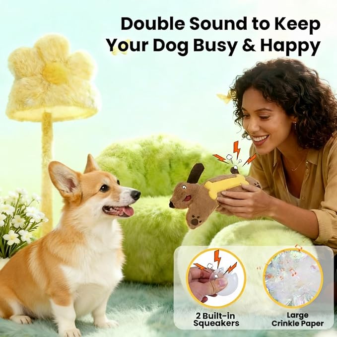 HGB Plush Squeaky Dog Toy with Crinkle Paper, Stuffed with 2 Squeakers, Soft Dog Chew Toy for Moderate Chewers and Small, Medium, Large Dogs, Interactive Fetch Tug & Teething Toy to Keep Them Busy