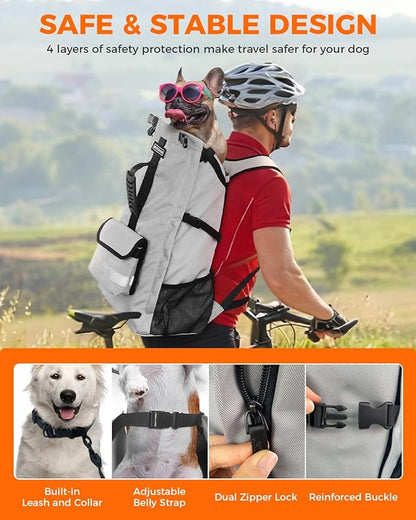 FOXFOCUS Dog Backpack Carrier for Medium Dogs - 4-Layer Protection, Under 30 lb, Waterproof, Adjustable Dog Travel Bag with Storage Pockets, Reflective Strips, Non-Slip Handle for Hiking - Grey