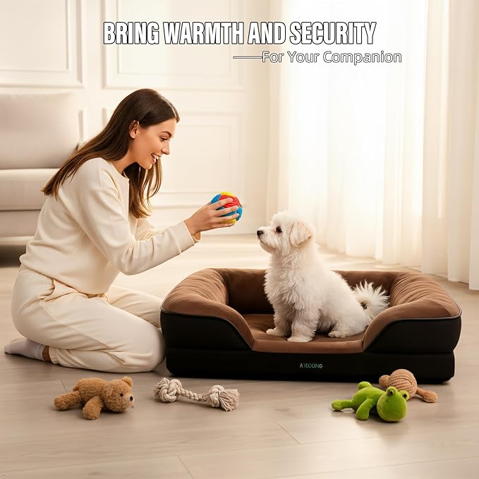 Orthopedic Egg-Shaped Sponge Dog Bed Small Size Dog with Sides, Removable Cover and Non-Slip Bottom (Brown, 24 * 18 * 6)
