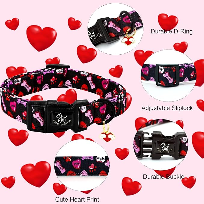 Elegant little tail Day Dog Collar, Red Heart Dog Collars Female or Male Adjustable Cotton Pet Collar with Quick Release Buckle for Small Medium Large Dogs