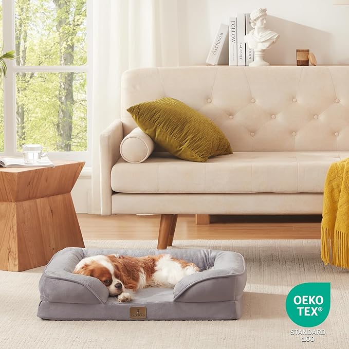 Bedfolks Orthopedic Dog Bed, Waterproof Dog Sofa Bed for Medium Dogs, Egg Foam Pet Couch Bed with Removable Washable Cover and Nonslip Bottom, Light Grey