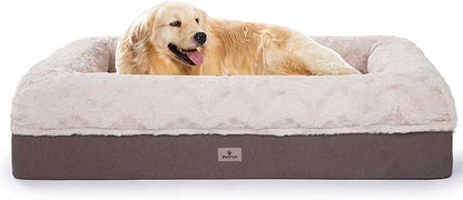 PetFun Memory Foam XL Dog Bed for XLarge Sized, Extra Large Orthopedic Dog Sofa with Sides and Waterproof Liner, Washable Bolster Pet Bed Couch with Removable Cover, 50x38x13 Inch, Khaki