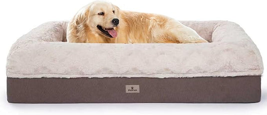 PetFun Memory Foam XL Dog Bed for XLarge Sized, Extra Large Orthopedic Dog Sofa with Sides and Waterproof Liner, Washable Bolster Pet Bed Couch with Removable Cover, 50x38x13 Inch, Khaki