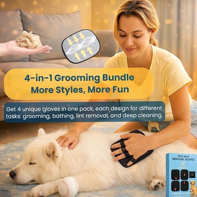 4+1 Pack Pet Hair Remover Glove for Cats and Dogs, 4 Designs Electrostatic Pet Hair Removal Gloves Brush for Pets Hair, Best Animal Reusable Cats & Dogs Grooming Gloves for Hair Removal