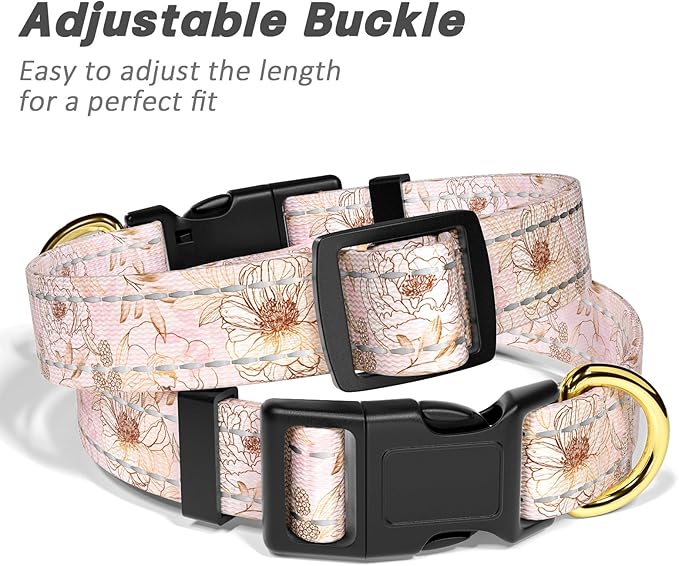 Reflective Dog Collar for Extra Small Dogs, Cute Flower Theme Adjustable Heavy-Duty Nylon Puppy Collar for Boy and Girl Female, Soft Pet Accessories with Quick Release Buckle, Neck 8-12", Pink