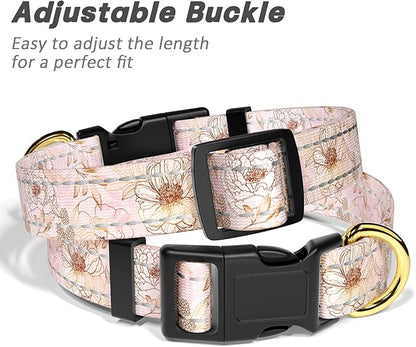 Reflective Dog Collar for Large Dogs, Cute Flower Theme Adjustable Heavy-Duty Nylon Puppy Collar for Boy and Girl Female, Soft Pet Accessories with Quick Release Buckle, Neck 16-24", Pink