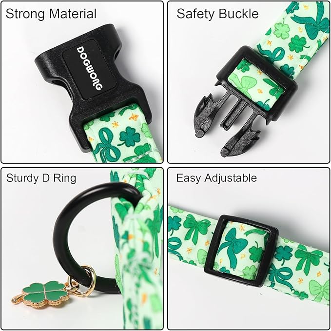 DOGWONG St Patrick's Day Dog Collar-Cute Green Clovers Dog Collar, Adjustable Cotton Shamrock Pet Collar Trefoil Puppy Collars with Quick Release Buckle,L