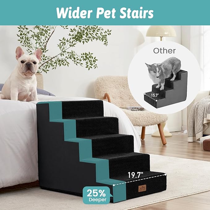 COZY KISS Dog Stairs for Small Dogs 5-Step, 19.7" Extra Wide Right-Angle Pet Stairs for Couch and Beds, Anti-Slip Dog Steps for Old Cats and Lowrider, 19.7x29.5x23.6 inch, Black