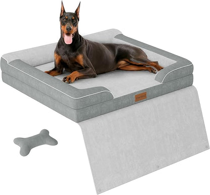 CWAWZ XXL Dog Beds for Extra Large Dogs, Giant Orthopedic Dog Sofa with Cooling Gel Memory Foam, Waterproof Pet Bed with Removable Washable Cover, 53" Pet Sofa Couch Dutch Velvet with Blanket Bone Toy