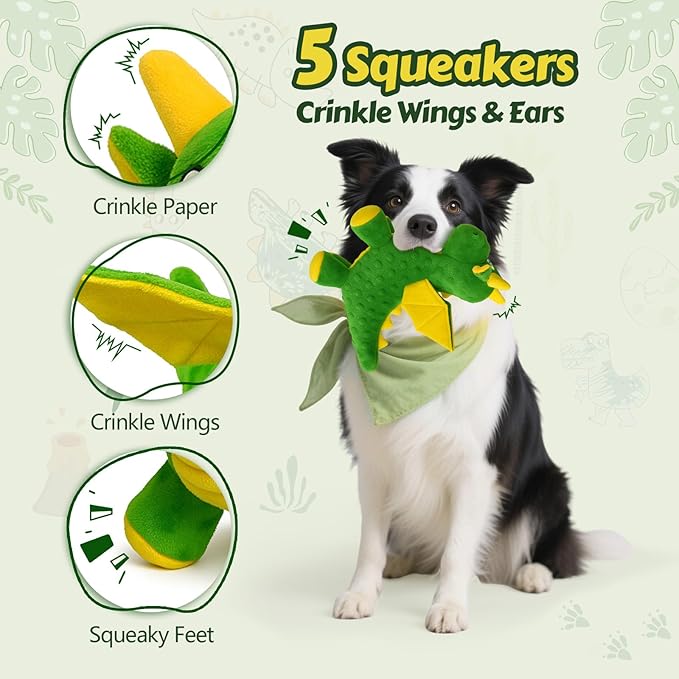 BBeary Squeaky Dog Toys - Soft Plush Dragon Dog Toy with 5 Squeakers & Crinkle Paper, Dog Toys for Small, Medium and Large Dogs to Keep Them Busy (Green,10")