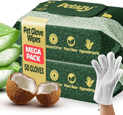 Petazy Pet Glove Wipes for Dogs & Cats – 50 Pack | Hypoallergenic, No Rinse, Extra Thick Cleaning Gloves with Aloe & Coconut Oil | Paws, Face, Ears & Butt | Travel Friendly, Gentle & Safe