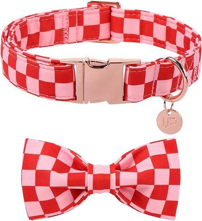 Red and Pink Plaid Dog Collarwith Bow Tie– Adjustable Red & Pink Checkered Dog Collar for Small Medium Large Dogs, Soft Xmas Plaid Puppy Collars with Quick Release Buckle M