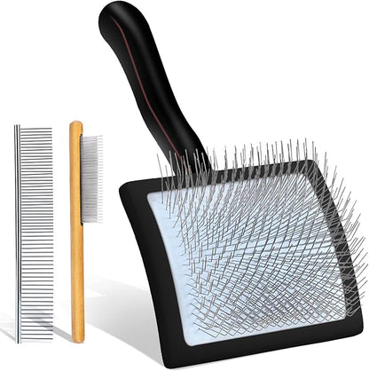 Slicker Brush for Dogs, Dog Grooming Supplies Long Pin Large Doodle Brush for Goldendoodles Poodles Bernedoodles, 3 Pcs Grooming Tools with Wooden Handle for Mats Tangles - Black