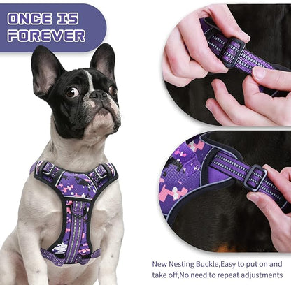 No Pull Dog Harness for Large Dogs, Adjustable No Choke Pet Vest with Dog Leash Fit Smart Reflective Pet Walking Harness for Training Easy Control Soft Handle Purple Camo XL