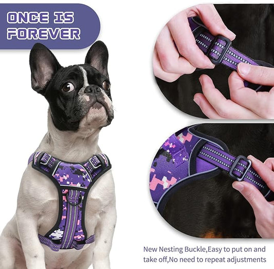 No Pull Dog Harness for Medium Dogs, Adjustable No Choke Pet Vest with Dog Leash Fit Smart Reflective Pet Walking Harness for Training Easy Control Soft Handle Purple Camo M