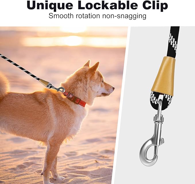 lynxking Rope Dog Leash 6 FT with Comfortable Padded Handle, Highly Reflective Threads Leash for Small Medium Large Dogs (Black, Large 1/2in x 6ft-Rope Clasp)