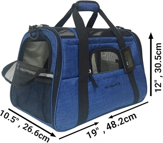 Airline Approved Pet Carrier, Tall Profile Soft Sided Luxury Travel Tote with Fleece Bedding, Premium Brand Auto Self Locking Zippers, Under Seat Compatibility, Perfect for Cats and Small (Deja Blue)