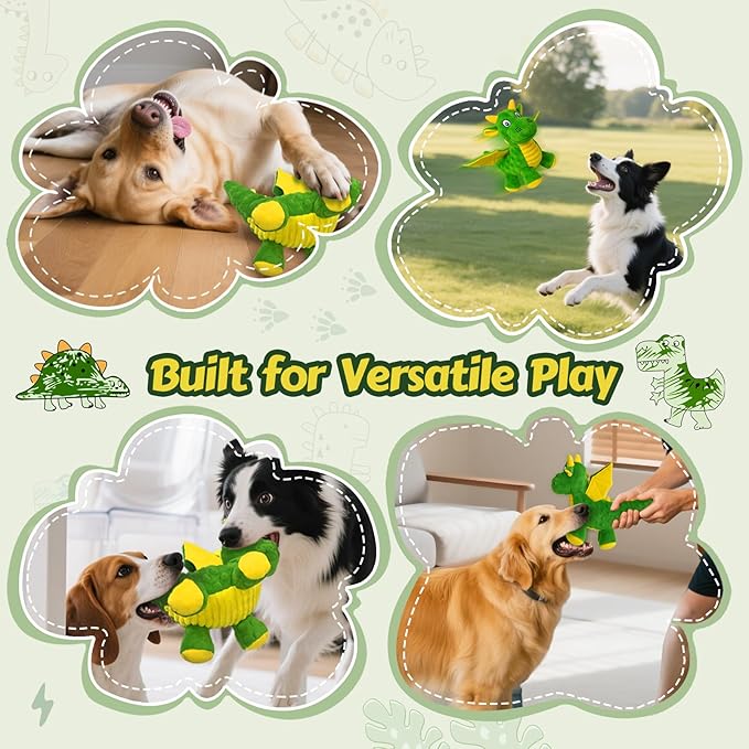 BBeary Squeaky Dog Toys - Soft Plush Dragon Dog Toy with 5 Squeakers & Crinkle Paper, Dog Toys for Small, Medium and Large Dogs to Keep Them Busy (Green,10")