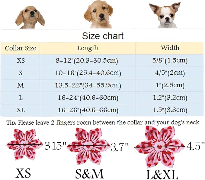 ARING PET Valentine's Day Dog Collar-Adorable Pink Heart Dog Collar with Flower, Adjustable Cotton Girl Dog Collars with Metal Buckle