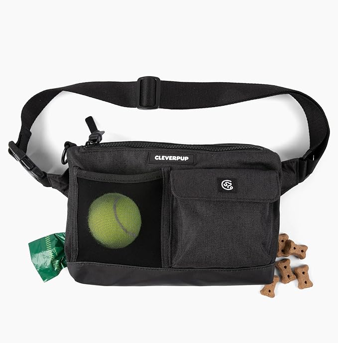 Cleverpup, Dog Walk & Train Sling Bag - Hands-Free 2-In-1 Treat Pouch, Poop Bag Holder, Clicker, Phone Pocket - Crossbody/Fanny Pack, Adjustable Strap - Graphite