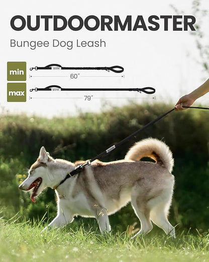 OutdoorMaster Bungee Dog Leash, Heavy Duty Dog Leash with Shock Absorption, 2 Padded Handles Training Leash, Improved Dog Safety and Comfort - Black Upgraded, 6 FT