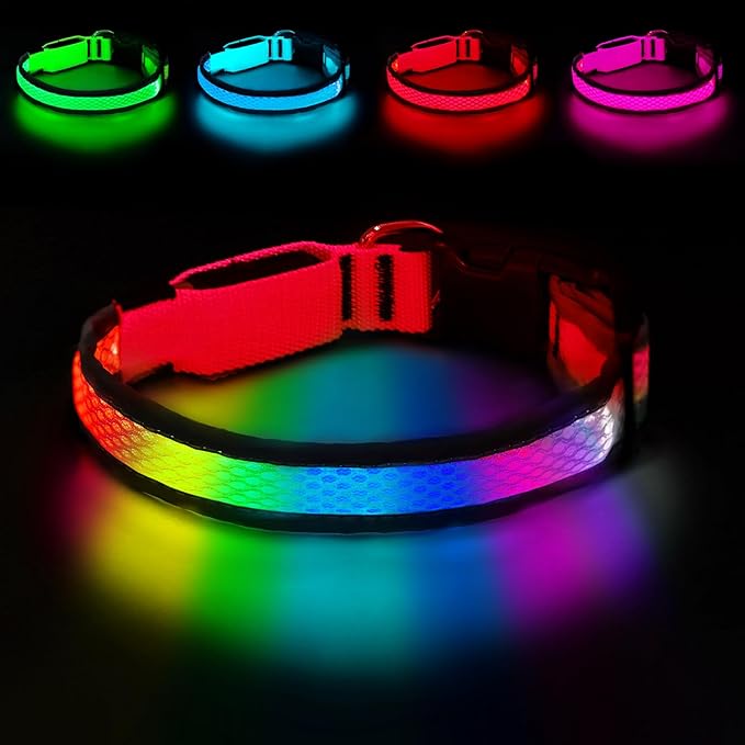 LED Dog Collar, Light Up Dog Collar USB Rechargeable, Nylon Adjustable Comfortable Soft Bright RGB 7 Colors Changeing Safety Light Glowing Collar for Medium and Large Dogs(Medium,Red)