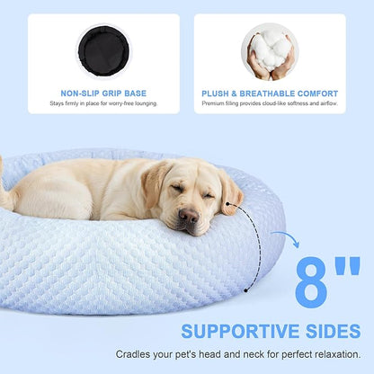 Donut Dog Bed for Large Dogs - Cooling Pet Bed with Removable Cover, Breathable Ice Fabric Summer Pet Beds for Medium & Big Dogs, Egg Tart Design (L)