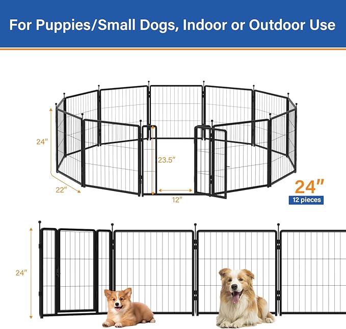 PETREEK Dog Playpen 24 inch 12 Panels for Indoor & Outdoor Use – Heavy-Duty Metal Pet Fence with Ground Stakes, Rounded Ball Tops for Safety, Stable & Foldable Design, Easy to Assemble