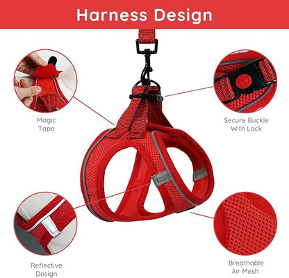 BELLA & PAL Step in Vest Harness for Small and Medium Dogs, No Pull Small Dog Harness with Leash Set, Comfortable Air Mesh Dog Vest Harness with Reflective Strip (Red, L)