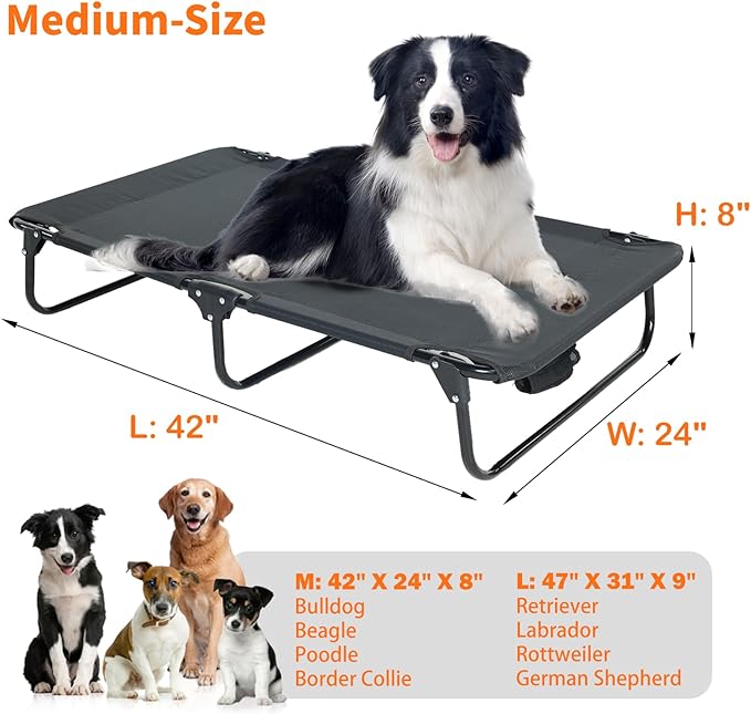 everfront Elevated Dog Bed for Large Pet with No-Slip Feet, Foldable Portable Washable Raised Bed for Indoor&Outdoor Camping Dog Cot, with Cooling Waterproof Breathable Mesh (Medium, Black-Textilene)