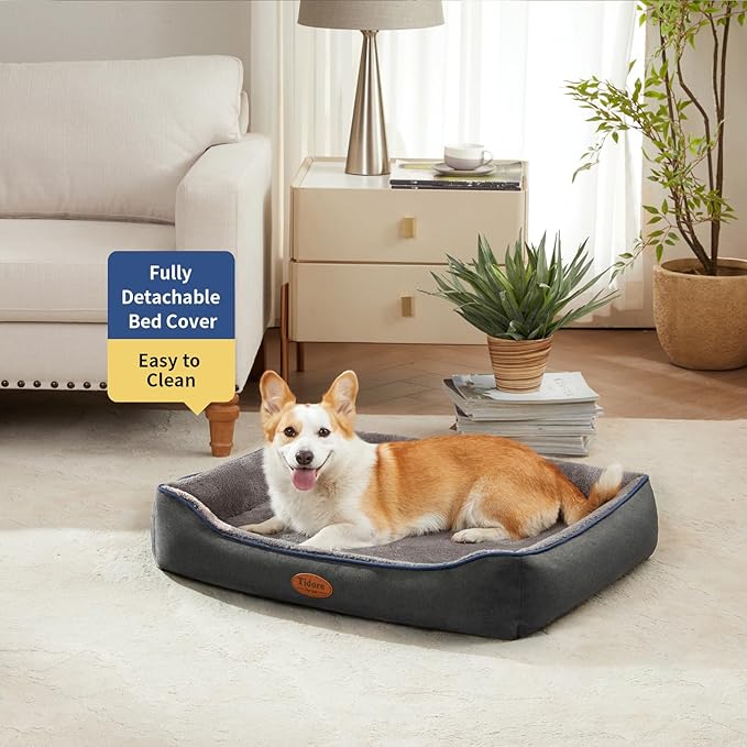 Tidore Orthopedic Dog Beds for Medium Dogs, Durable Egg Crate Foam Sofa Dog Bed wit Washable Removable Cover,Waterproof Lining,Pet Bed for Large Dogs (Dark Grey-Velvet, 31.5" L x 25.2" W x 7" Th)