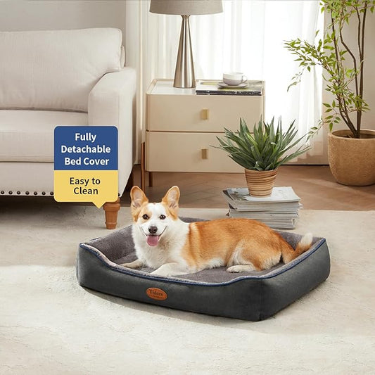Tidore Orthopedic Dog Beds for Medium Dogs, Durable Egg Crate Foam Sofa Dog Bed wit Washable Removable Cover,Waterproof Lining,Pet Bed for Large Dogs (Dark Grey-Velvet, 31.5" L x 25.2" W x 7" Th)