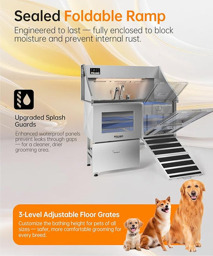 POLIMO Dog Wash Station with Pet Dryer & LED, Professional Dog Bathing Station for Large, Medium & Small Dogs – with Window, Ramp, Drawer, Floor Grate, LED Display & Faucet (Right Ramp & Dryer, 61")
