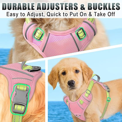BARKBAY No Pull Dog Harness Large Reflective Dog Harness with Front Clip and Easy Control Handle for Walking Training Running with ID tag Pocket(Baby Pink & Sunlight,XS)