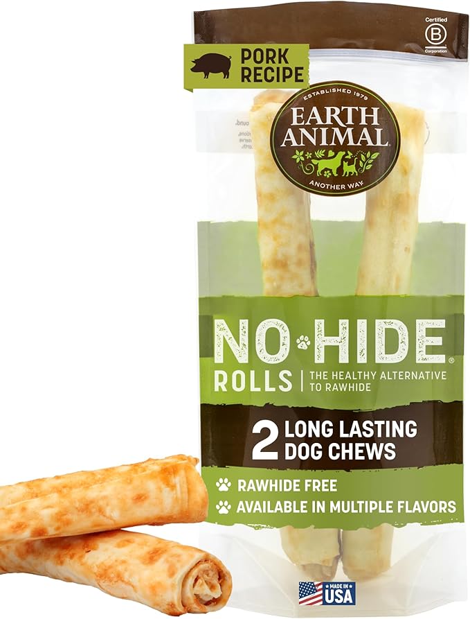 Earth Animal No Hide Chews - Long Lasting Rawhide Free Large Dog Chews Rolls, Pork - 2 Count