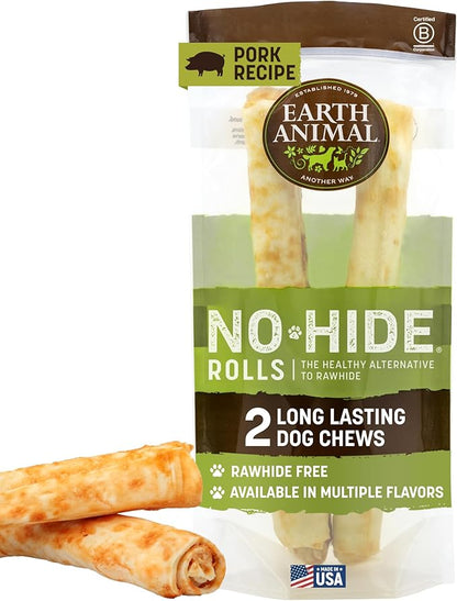 Earth Animal No Hide Chews - Long Lasting Rawhide Free Large Dog Chews Rolls, Pork - 2 Count