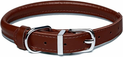OOPSDOGGY Rolled Leather Dog Collar Reflective Roll Collars for Small Medium Large Dogs Puppy (Cognac, XXS, 7''- 9'')