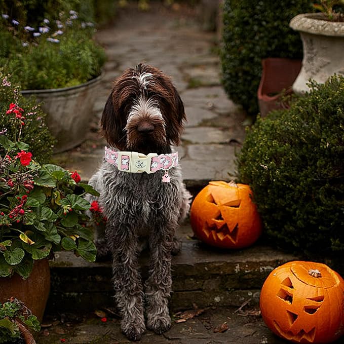 Elegant little tail Halloween Dog Collar, Ghosts Print Pink Halloween Pet Collars Cotton Soft Sturdy Puppy Collars Holiday Female Adjustable Collar for Large Dogs