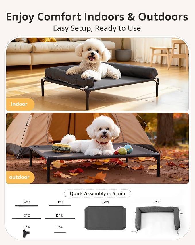 Cooling Elevated Dog Bed, 24.6x30 Raised Dog Bed with Removable Bolster Cushion, Breathable Mesh, Non-Slip Feet, and Metal Frame for Small Breeds Indoor Outdoor